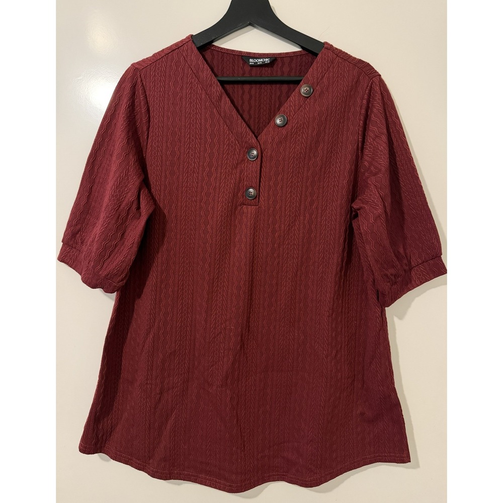 BloomChic Womens Burgundy Textured Henley V-Neck Short Sleeve Tunic Top Size 12